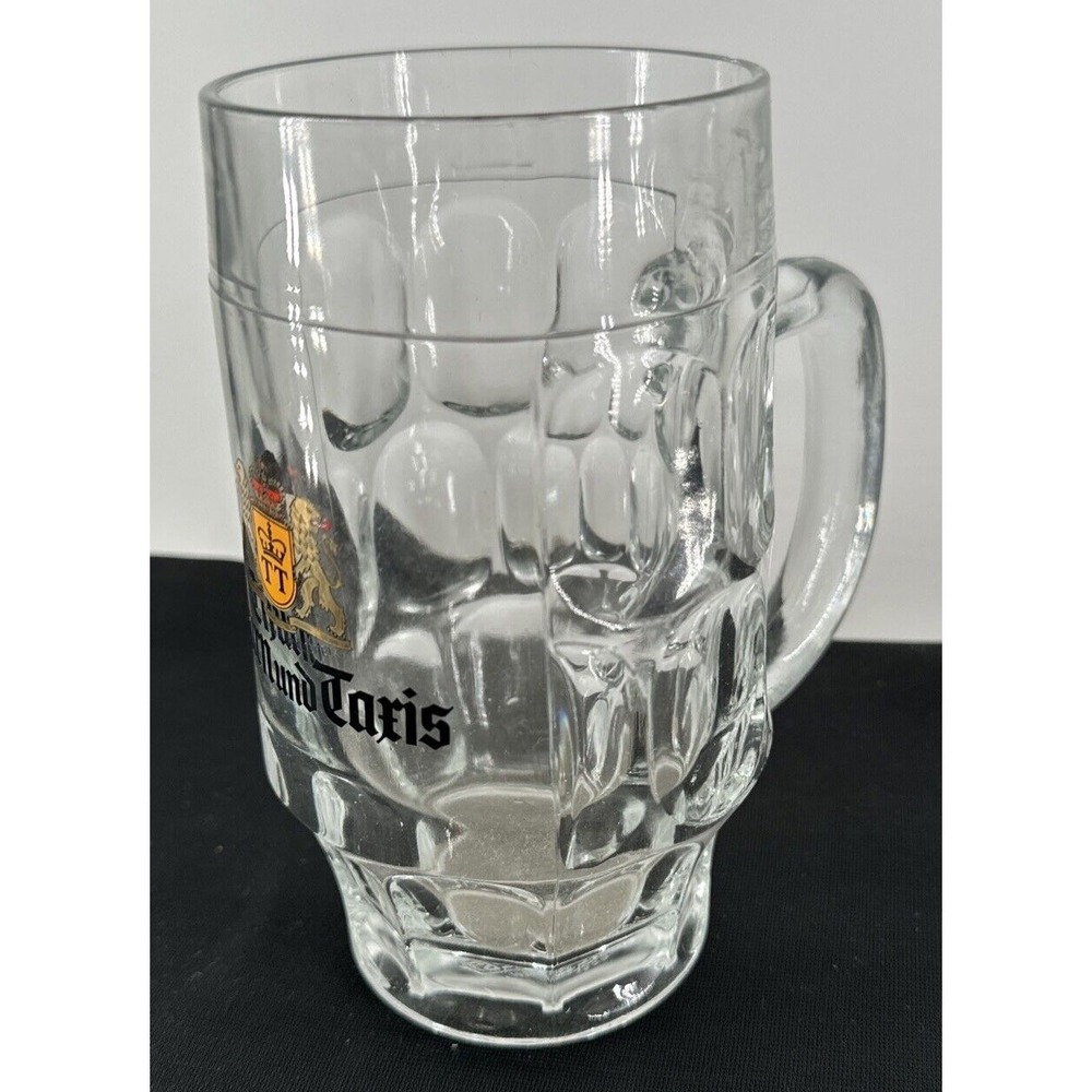 German Beer Stein Handled Clear Glass Thurn & Taris 0.4 L 6" Tall x 3.25" W VTG